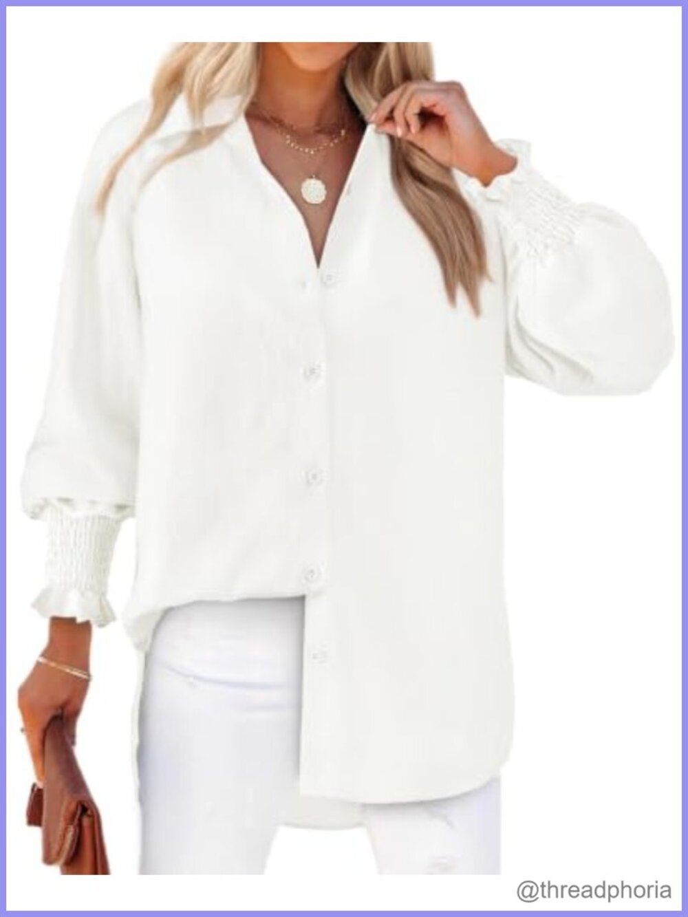 Women's Striped Button Down Shirt Long Sleeve Smocked Cuff Oversized Boyfriend